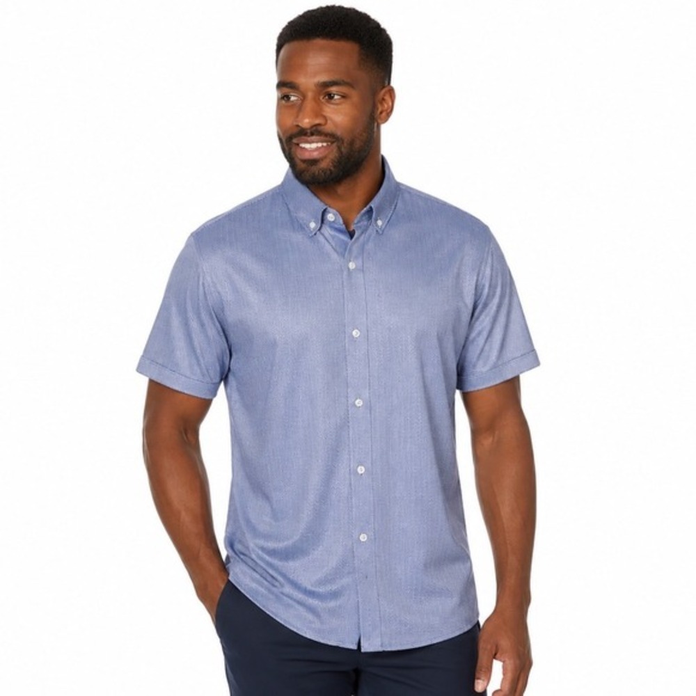 Murano Performance Slim Fit Herringbone SS Button Down Shirt Blue XL Work 88-42